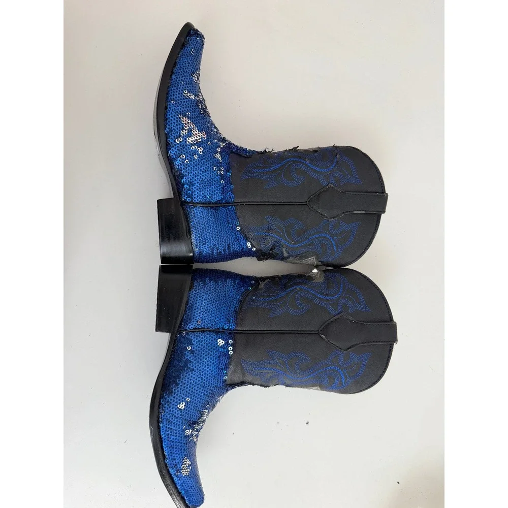 White Diamond Kids Blue Sequin Cowboy Boots Western Embroidered Pointed Toe 17